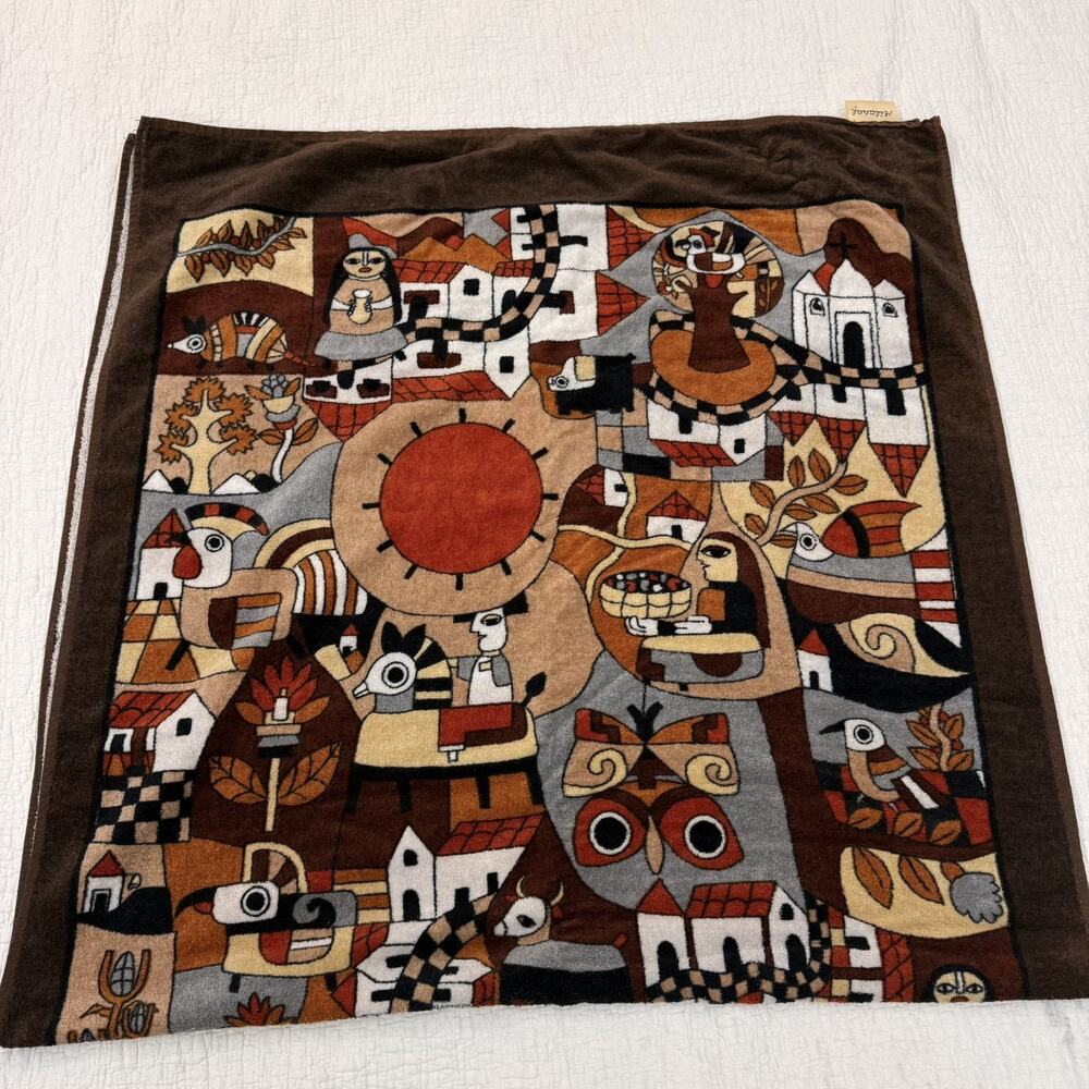 Vintage Fernando LLort La Palma Beach Towel Folk Art El Salvador Cotton Brown